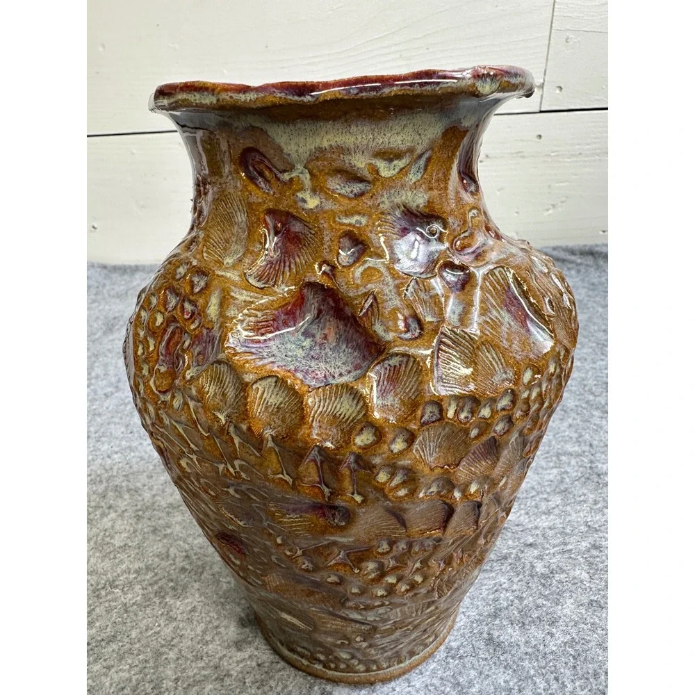 Signed Studio Art Pottery Textured Brown Glaze Vase Burgundy Interior 7.75 Inch